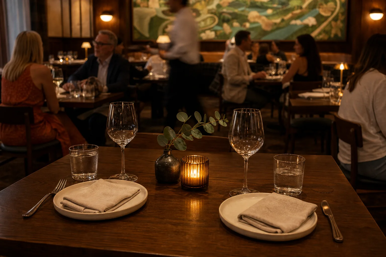 An empty candlelit table setting for two in the foreground of a busy restaurant dining room.