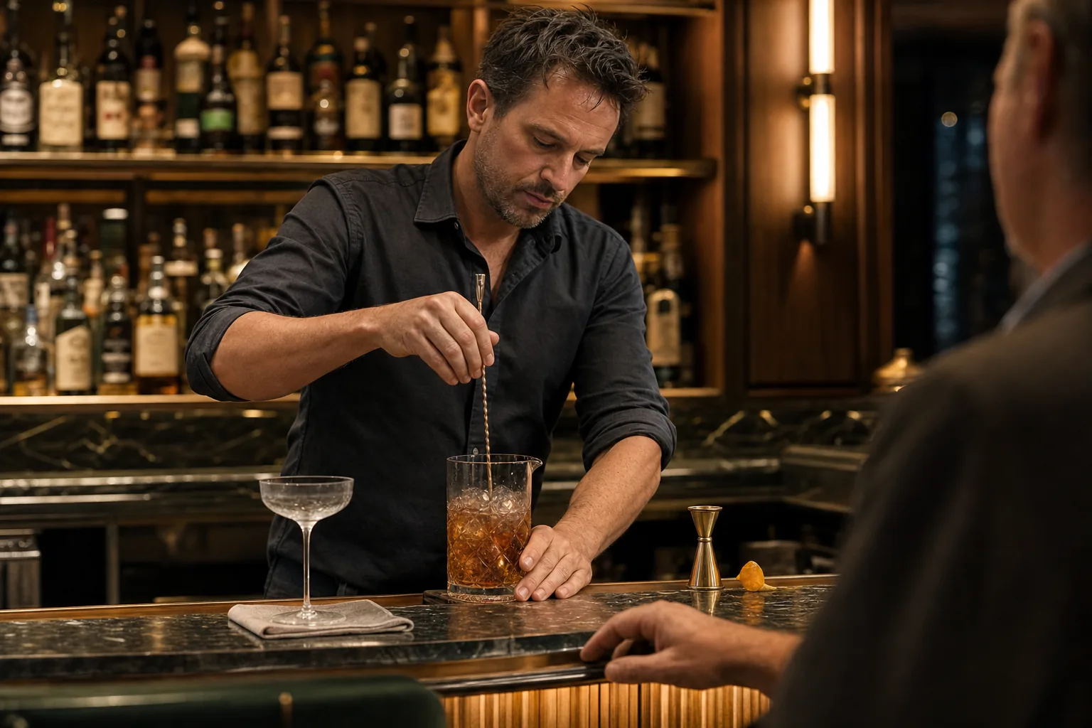 A bartender stirring a cocktail behind a marble bar lined with spirit bottles.