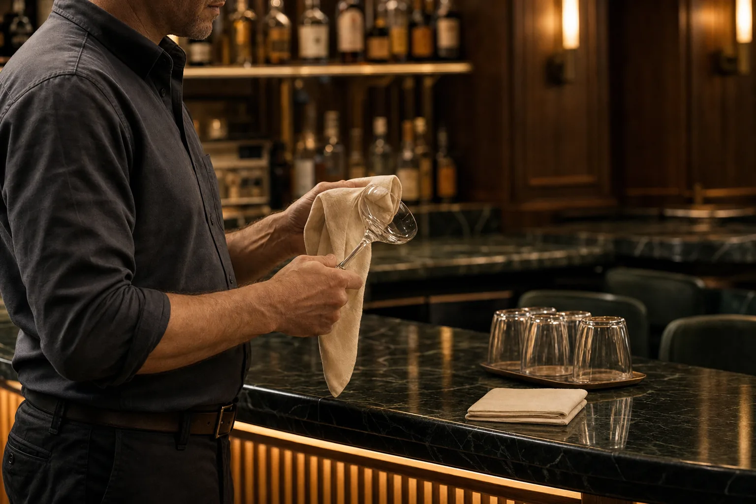 A bartender polishing a wine glass at an empty bar before opening.