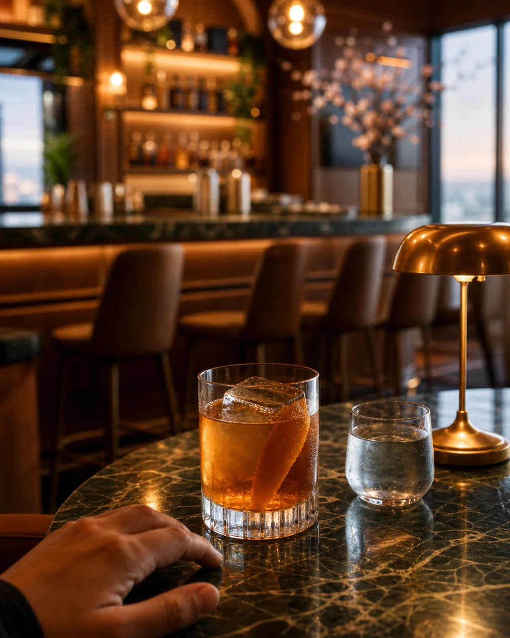 A cocktail on a marble table in a lounge bar at sunset, with a brass table lamp nearby.