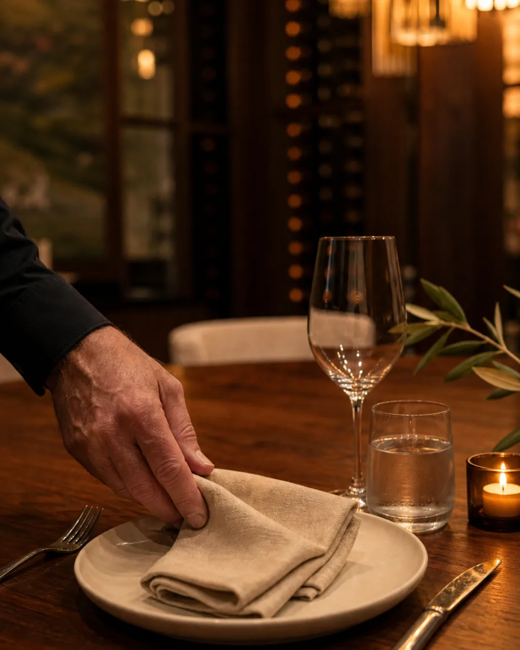 A hand setting a folded napkin at a private dining table with a wine cellar in the background.