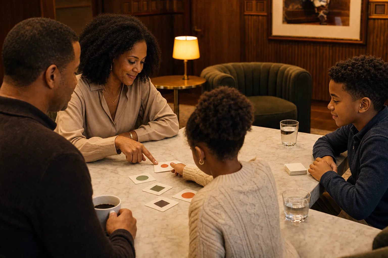 A family of four playing a color-matching card game together at a table in a members lounge.