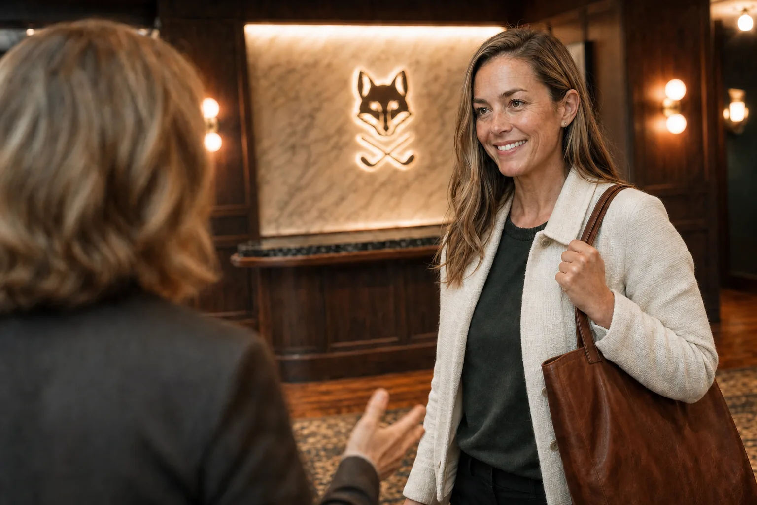 A woman being welcomed by a host near the entrance, with the club's fox-and-clubs emblem on the wall behind them.