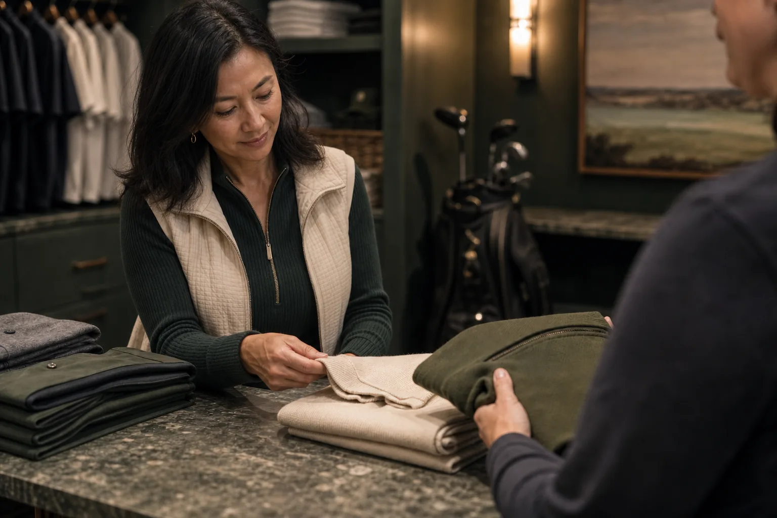 A pro shop staff member helping a customer with folded apparel at the counter.