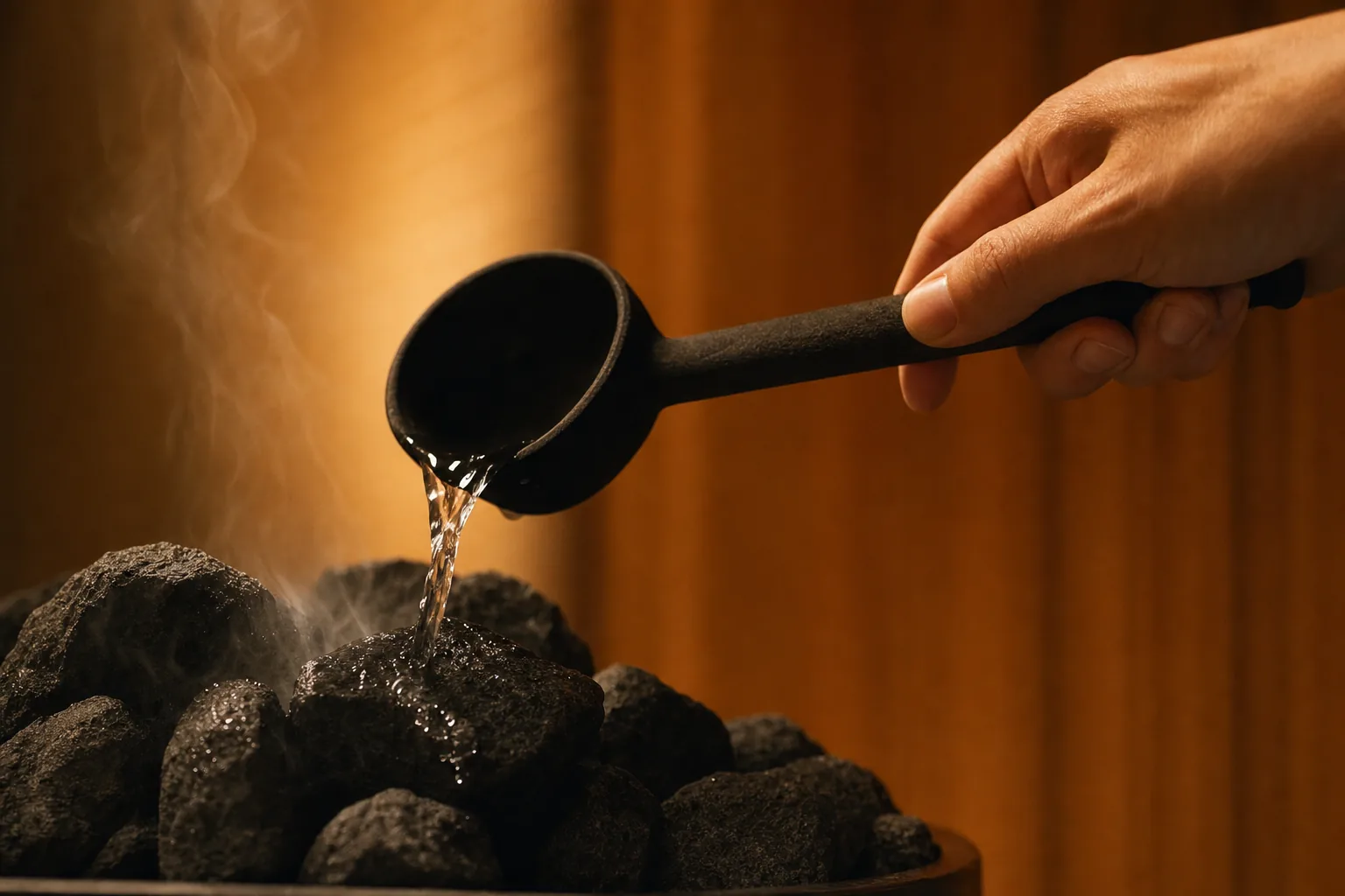 Water is poured over heated sauna stones, sending up a plume of steam.