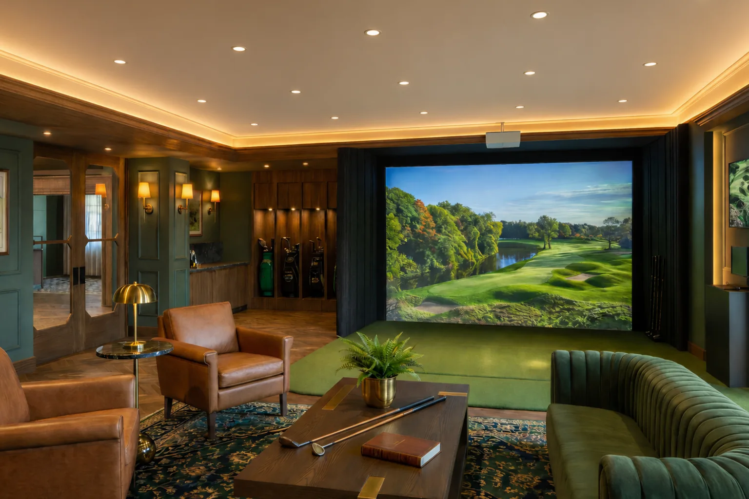 The golf simulator lounge, with leather club chairs, a green sofa, and a course displayed on the projection screen.