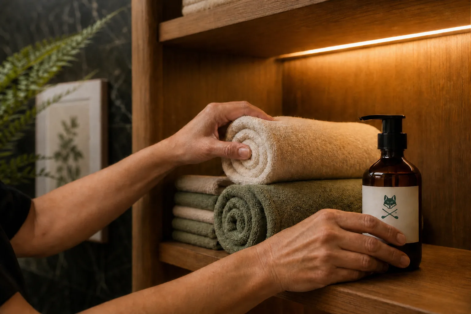 A staff member arranges rolled towels and club-branded amenities on a wellness-area shelf.
