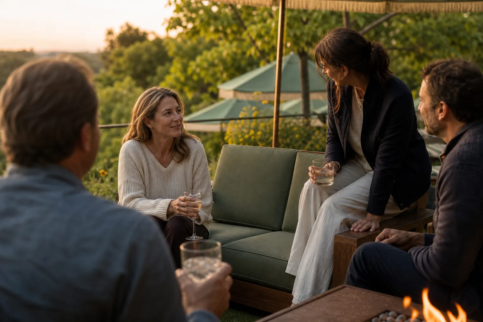 Four members relax around an outdoor firepit table on the patio at sunset.