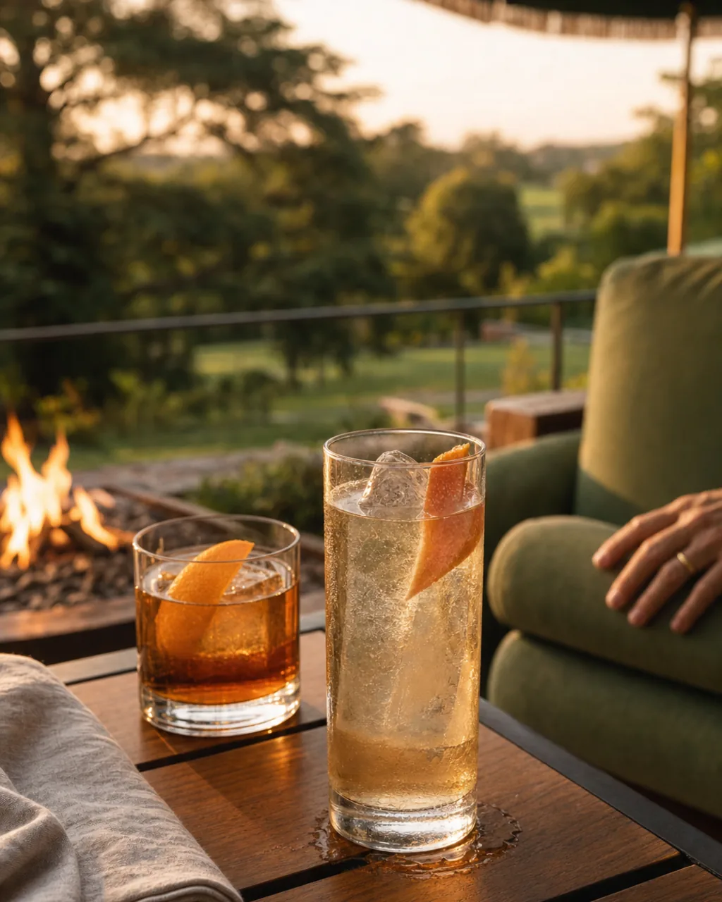 Two cocktails rest on a patio table beside a firepit at sunset, with rolling grounds in the background.