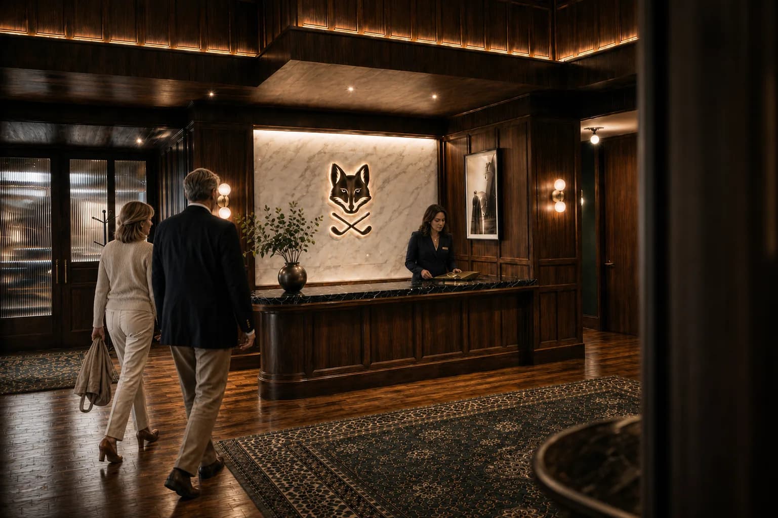 Architectural rendering of the club lobby: a couple crosses the wood-paneled room toward the reception desk, where a host stands beneath the lit fox-and-clubs emblem on a marble wall.