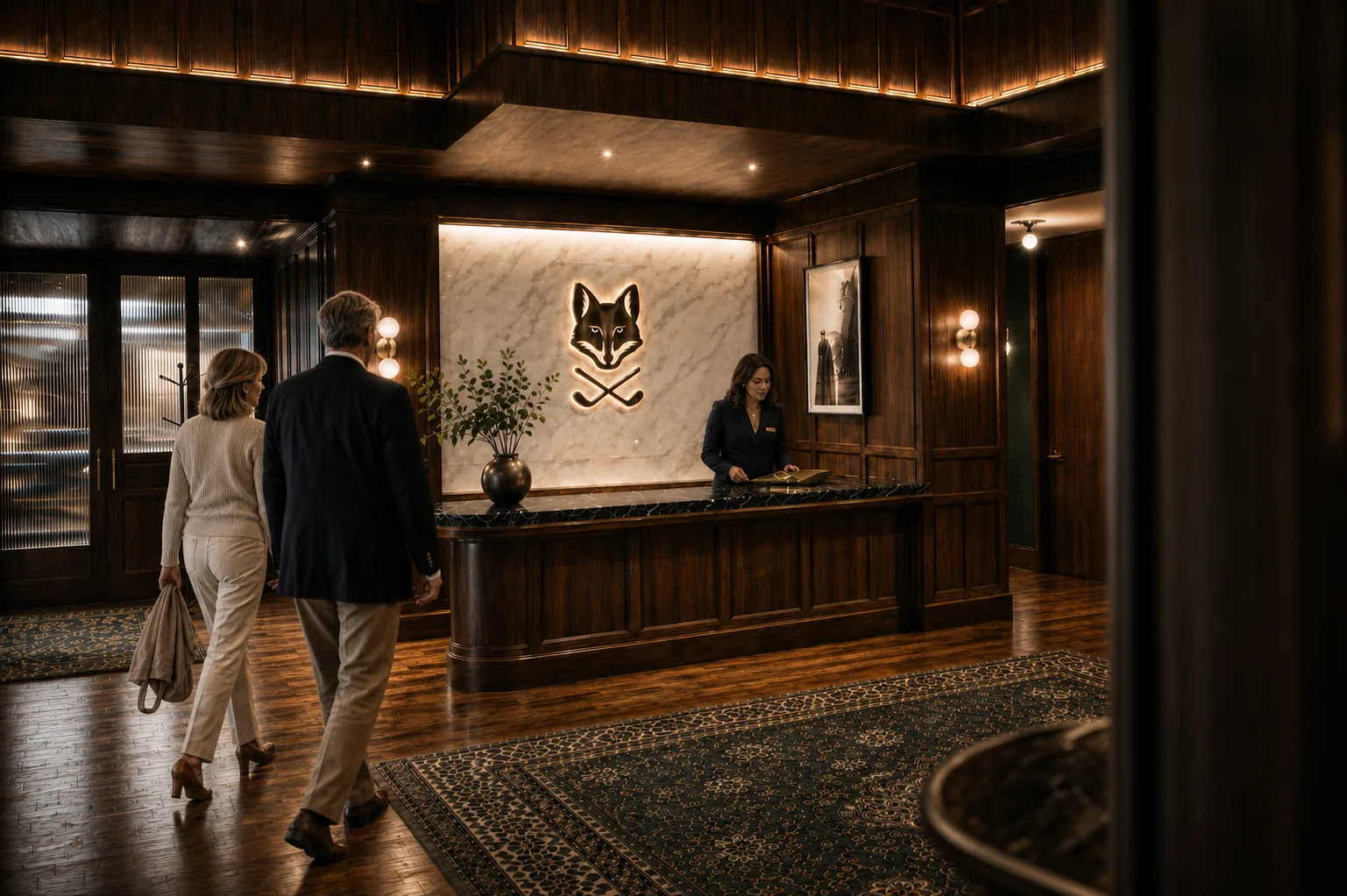 A couple walks through a wood-paneled lobby toward a reception desk with a lit fox-and-clubs emblem, greeted by a staff member.