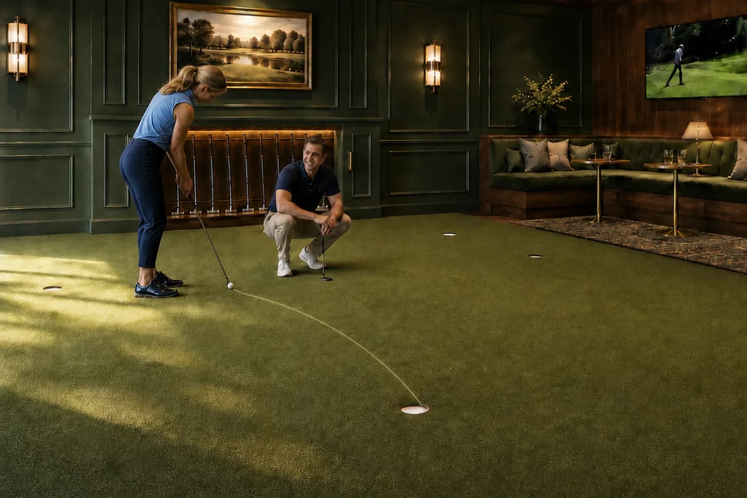 A woman lines up a putt on an indoor green while a companion watches from a crouch, in a dark green-paneled golf lounge.