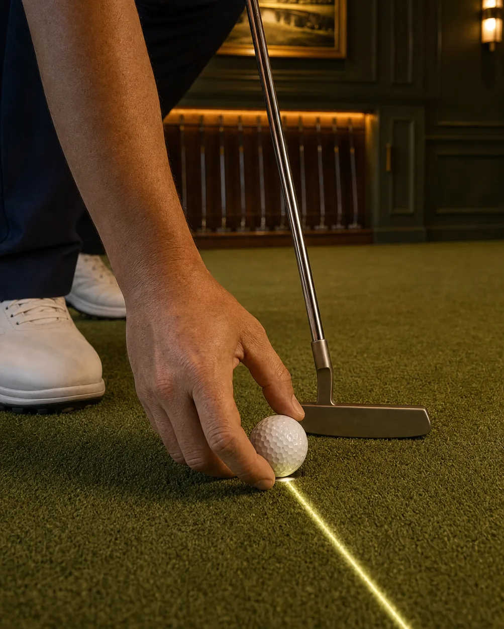 A close-up of a hand placing a golf ball beside a putter on an illuminated indoor putting green.