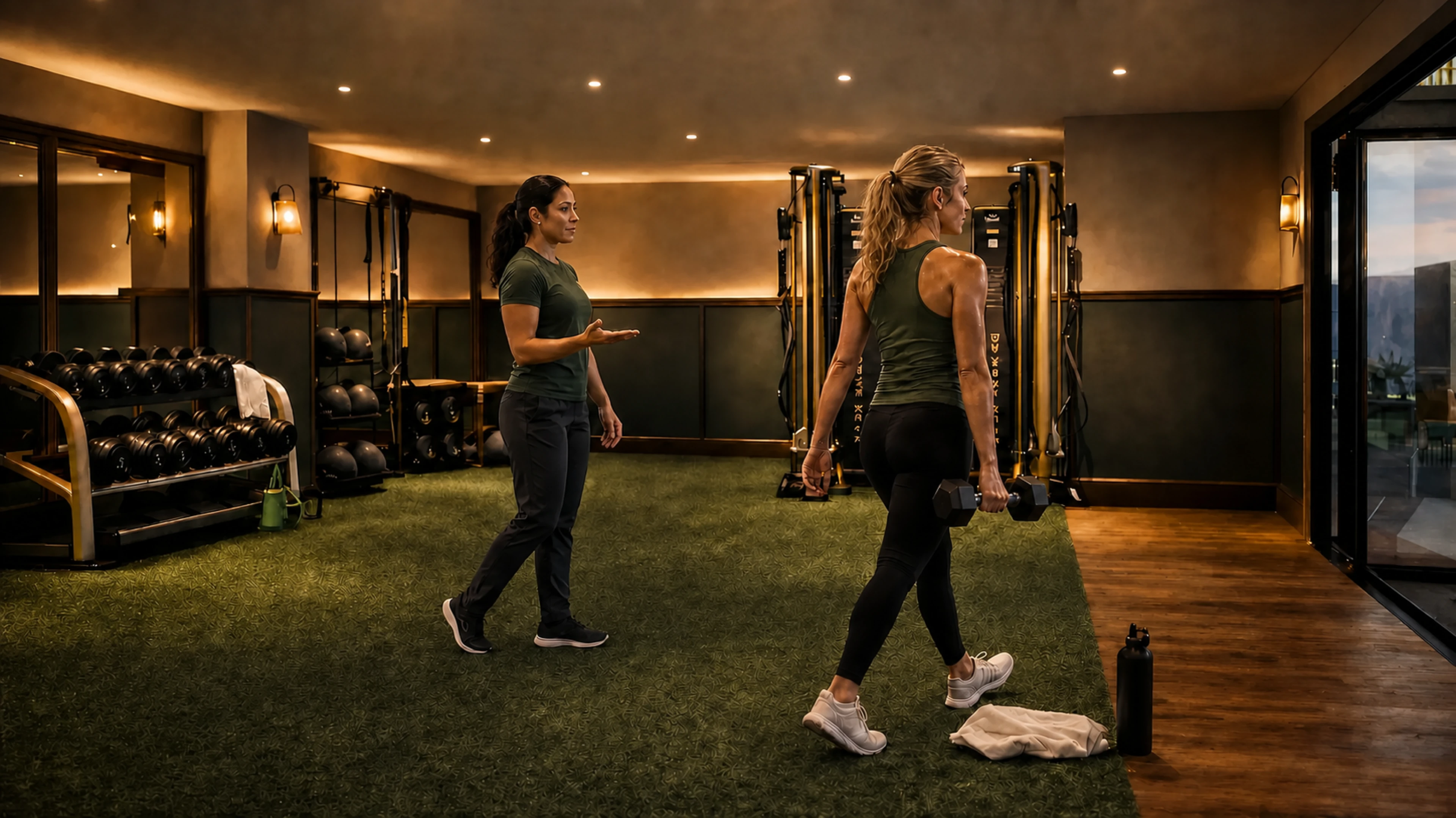 A trainer coaches a woman carrying a dumbbell across the turf floor of the club's fitness studio.