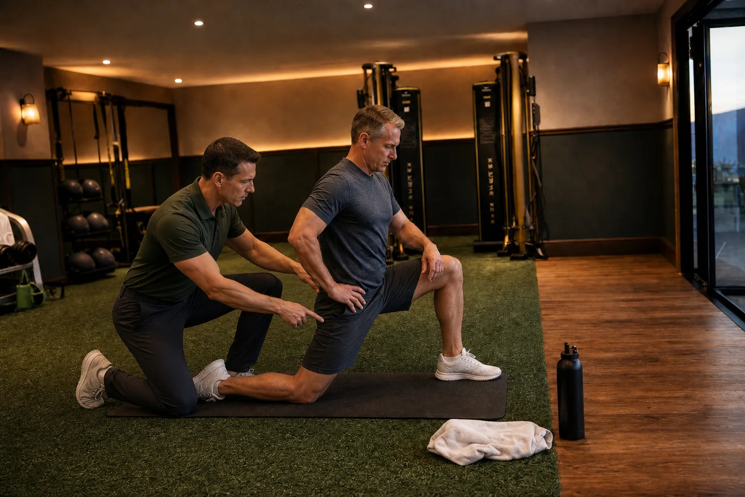 A trainer kneels to guide a client through a hip-mobility stretch on a mat in the club's fitness studio.