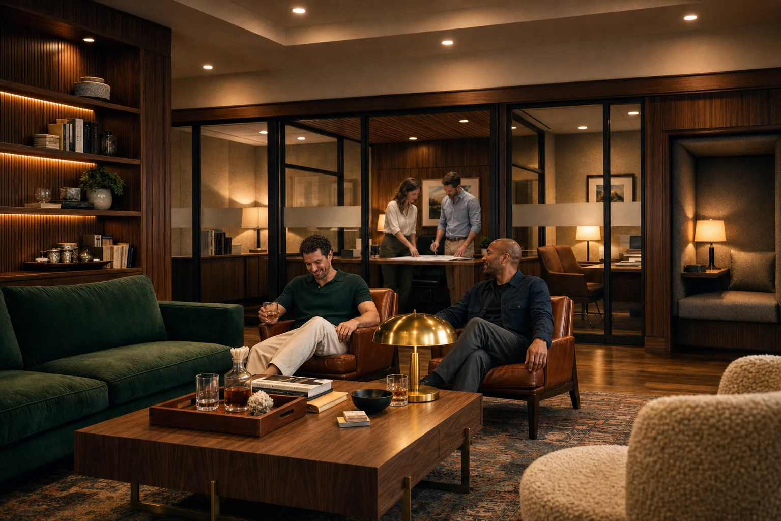 Two men relax with drinks in a wood-paneled lounge while colleagues review documents at a desk in the glass-walled office behind them.