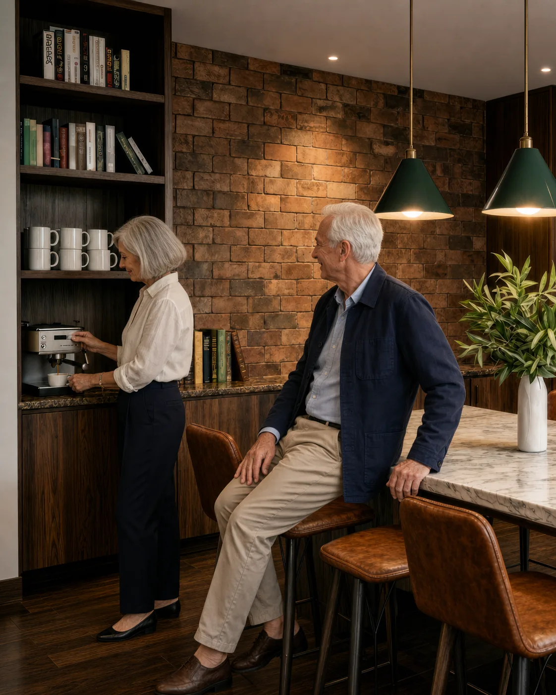 A couple shares a coffee break at a built-in espresso bar in the club's office kitchen, framed by a brick wall and open bookshelves.