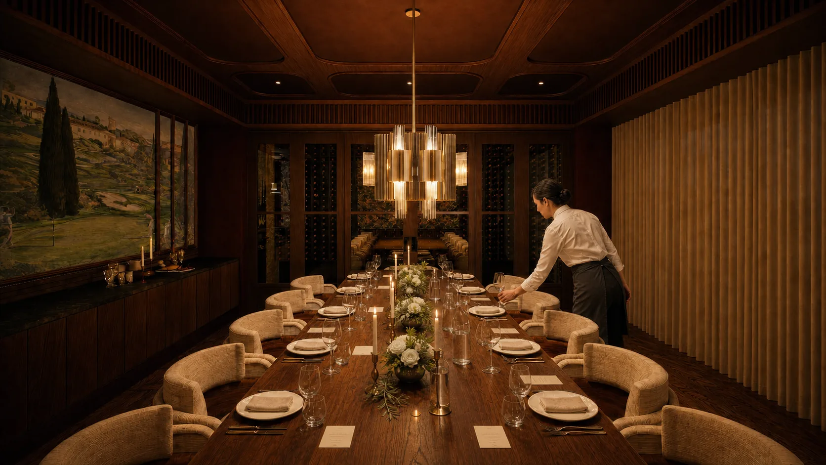 A server sets a long private-dining table beneath a brass chandelier, with a glass-fronted wine wall in the background.