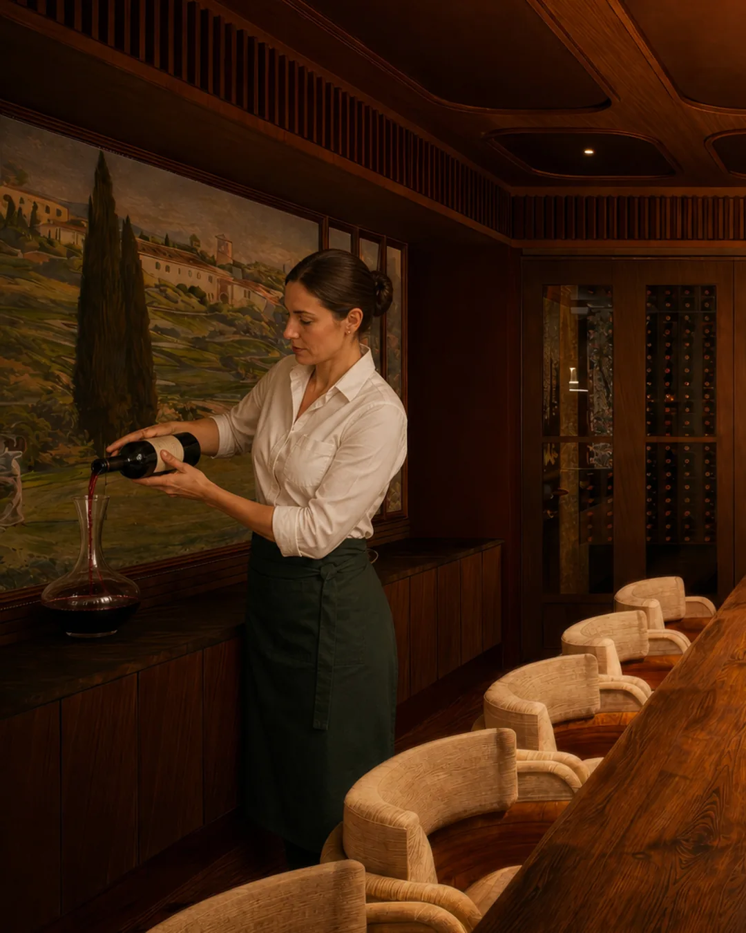 A staff member in a white shirt and green apron decants red wine into a glass carafe inside a private wine room, with a glass-enclosed wine cellar and curved banquette seating visible behind.