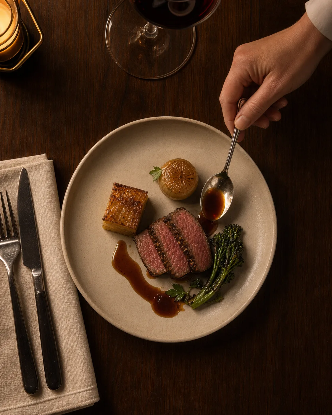 Overhead view of a hand spooning red-wine jus over a sliced beef tenderloin plated with fondant potato, a roasted onion, and charred broccolini, beside a glass of red wine.