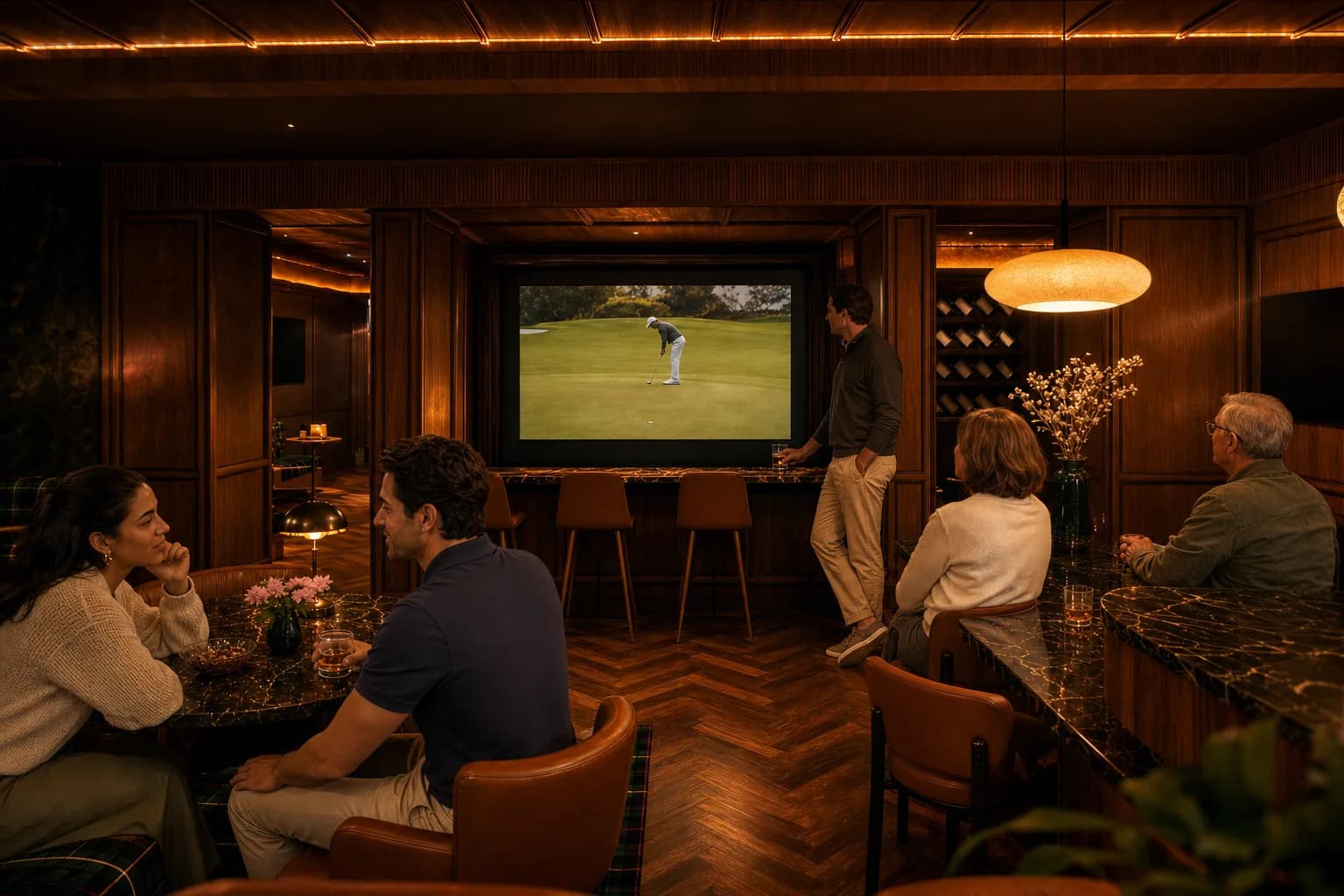A small group of members gathers in a wood-paneled simulator lounge, watching a golf broadcast on a large screen while seated at a marble bar and a nearby table with drinks.