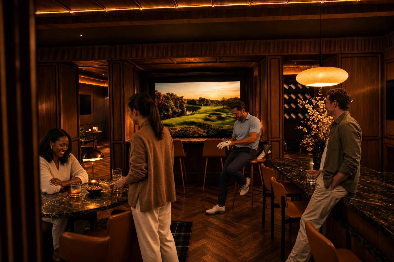 Four members mingle in a simulator lounge at golden hour, one putting on a golf glove while a sunset course scene displays on the screen behind them.