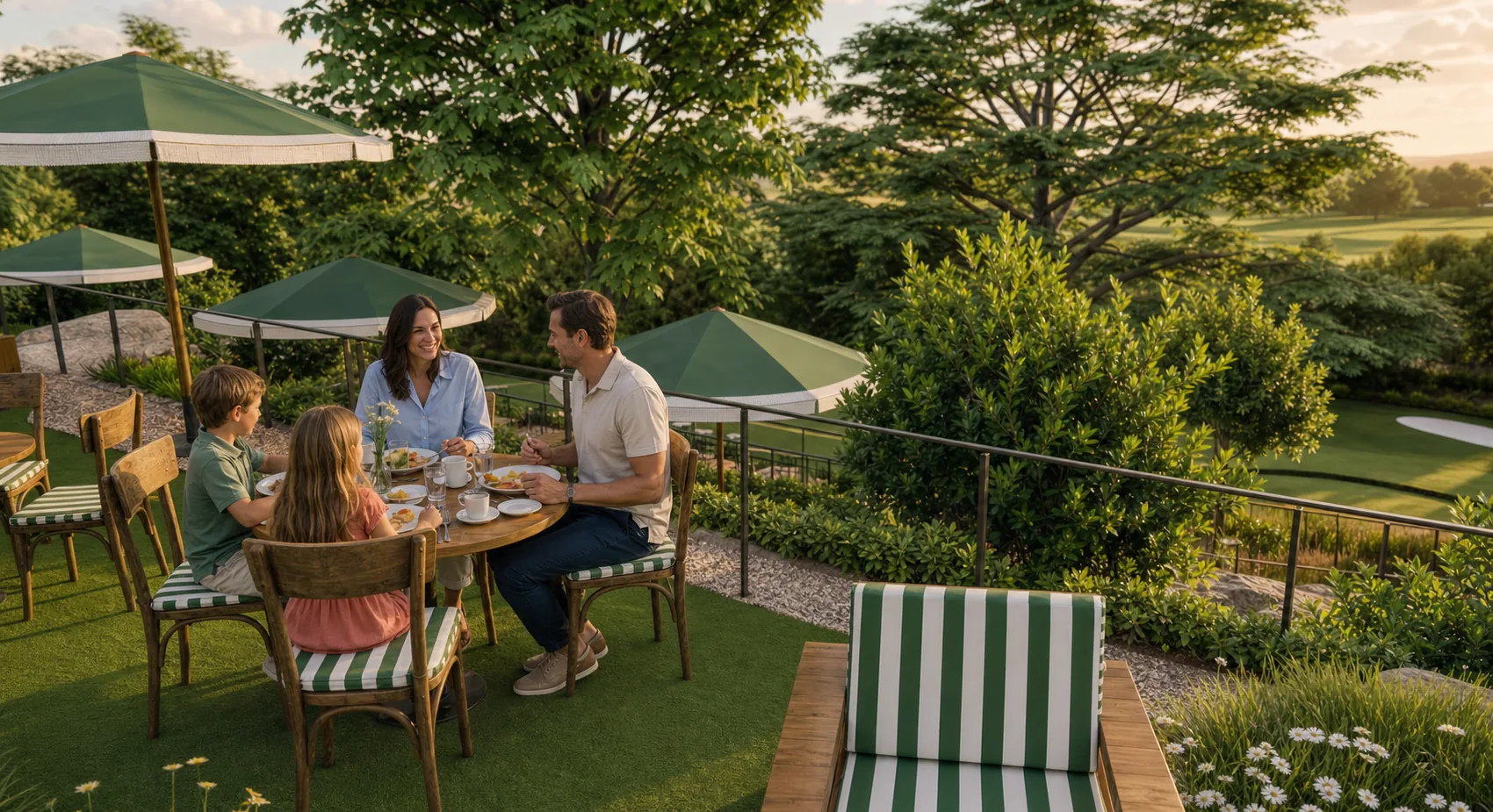 A family of four shares brunch at an outdoor patio table under green-and-white umbrellas, with a golf course visible through the trees behind them.
