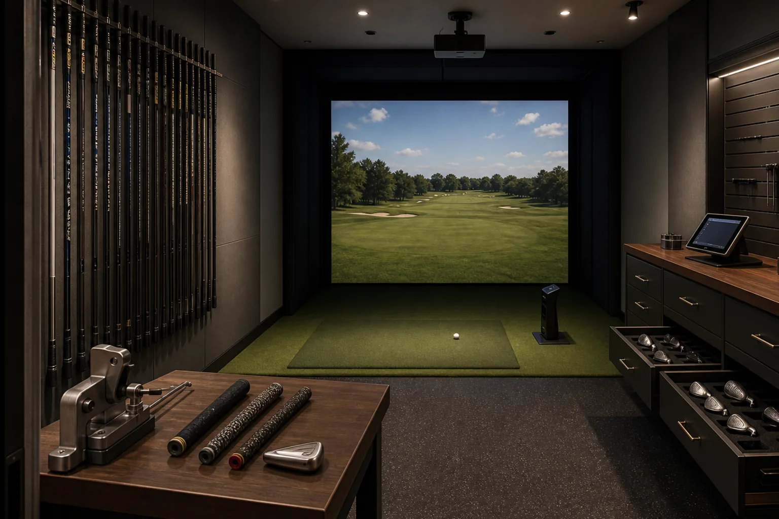 An empty club-fitting bay with a wall of golf shafts, a simulator screen and hitting mat, a workbench with grip tools, and a drawer of clubheads.