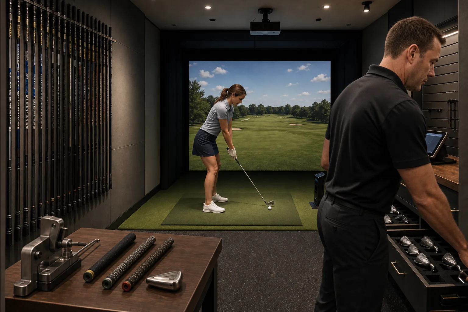 A woman takes a practice swing in a club-fitting bay while a staff member in the foreground selects a clubhead from an open drawer.