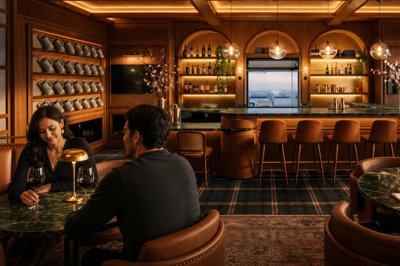A couple shares glasses of red wine at a marble table in a warmly lit lounge, with a backlit arched bar and a view through the window behind them.