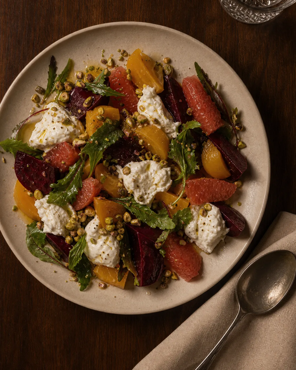 Overhead view of a salad of roasted beets, citrus segments, burrata, arugula, and crushed pistachio.